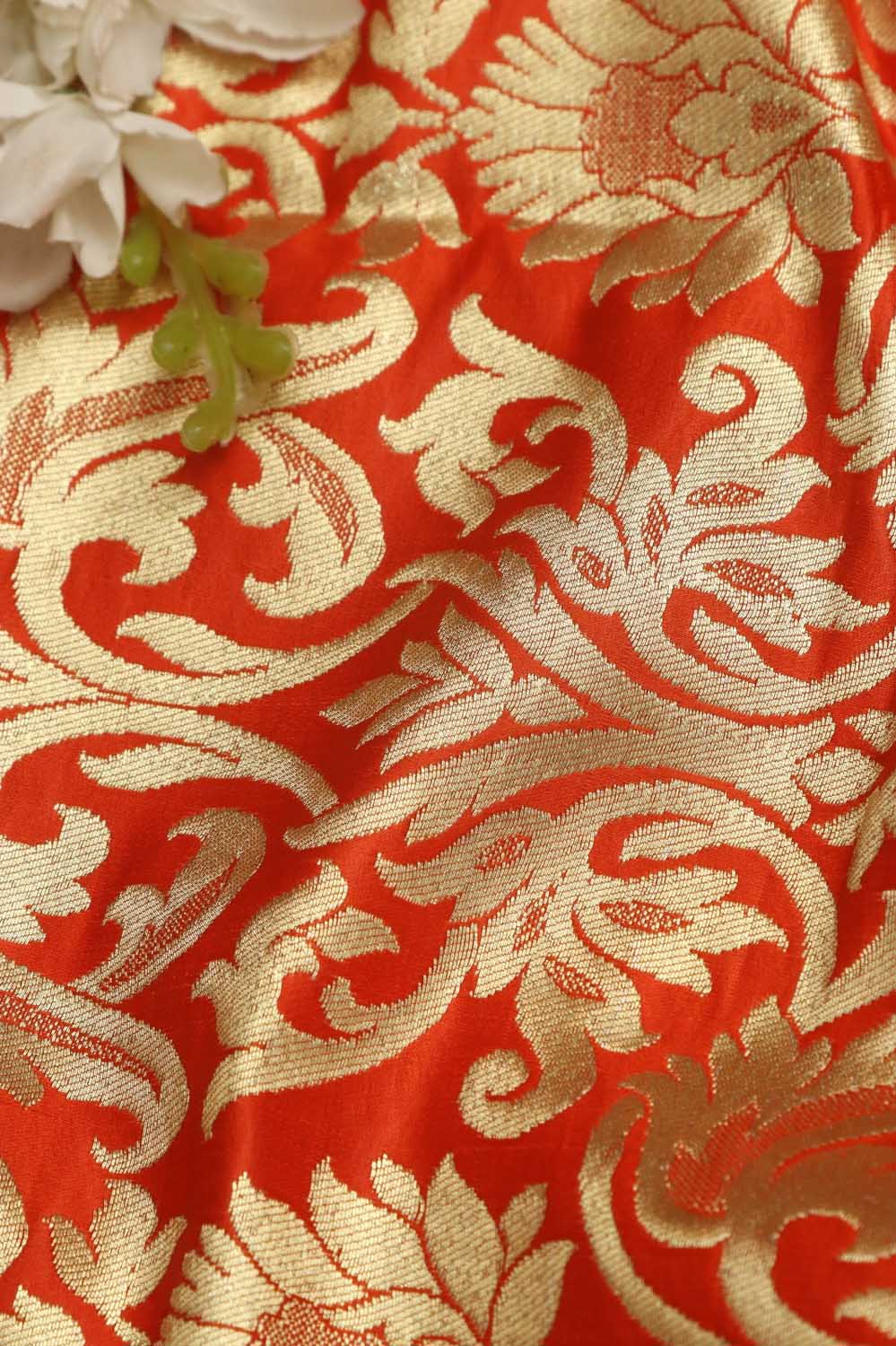 Orange Banarasi Kimkhwab Silk Fabric - Luxurious Elegance ( 1 Mtr ) - Luxurion World