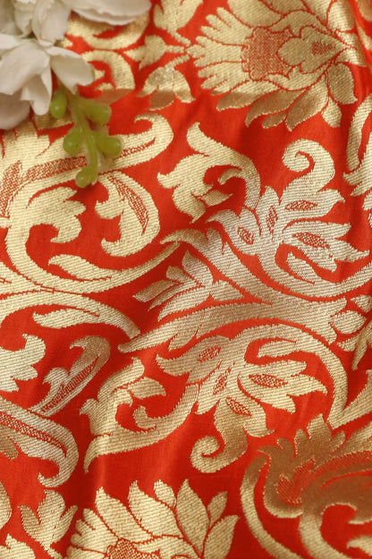 Orange Banarasi Kimkhwab Silk Fabric - Luxurious Elegance ( 1 Mtr ) - Luxurion World