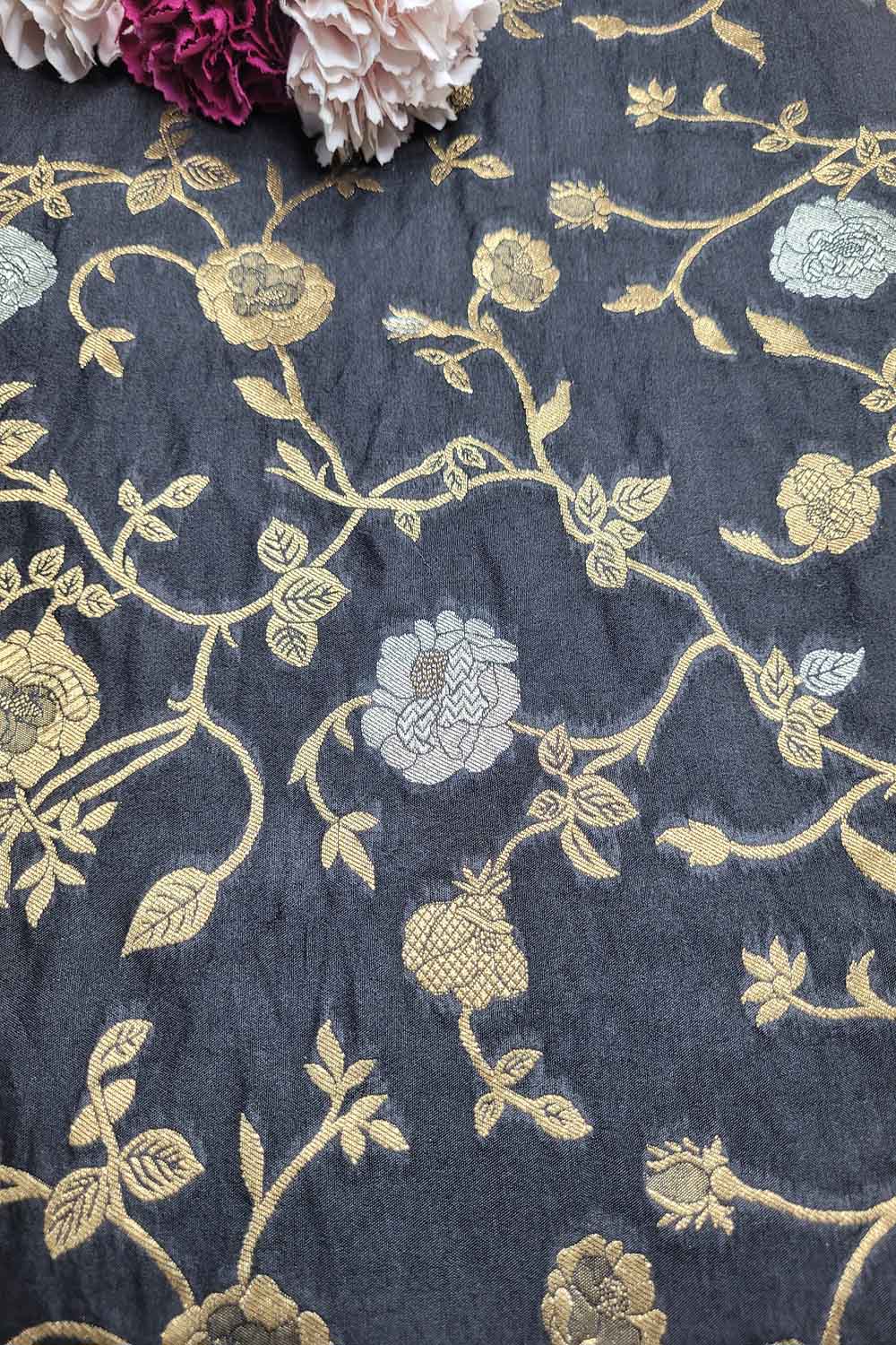 Exquisite Black Banarasi Silk Sona Roopa Fabric ( 1 Mtr ) - Luxurion World