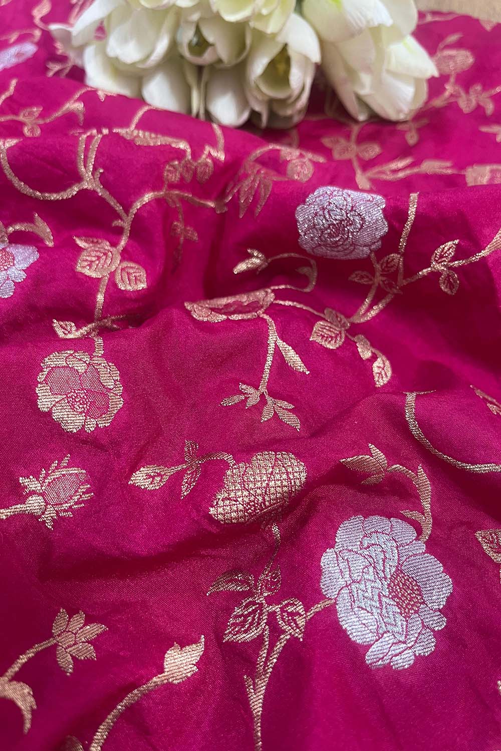 Pretty in Pink: Banarasi Silk Sona Roopa Fabric ( 1 Mtr ) - Luxurion World