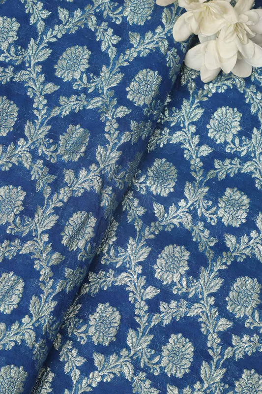 Elegant Blue Banarasi Chanderi Silk Fabric ( 1 Mtr ) - Luxurion World