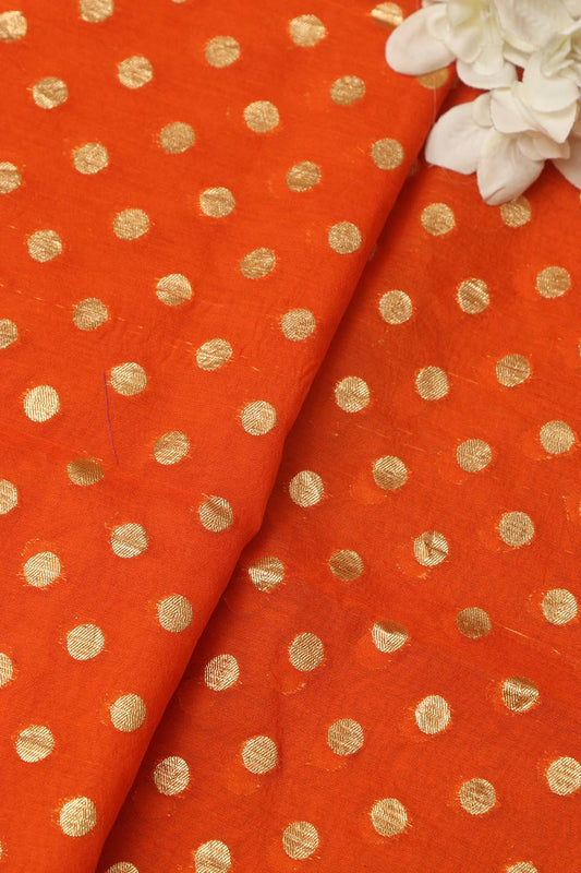 Exquisite Orange Banarasi Chanderi Silk Polka Dots Fabric ( 1 Mtr ) - Luxurion World