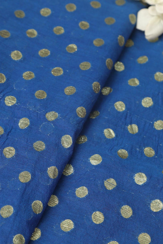 Blue Banarasi Chanderi Silk Polka Dots Fabric ( 1 Mtr ) - Luxurion World