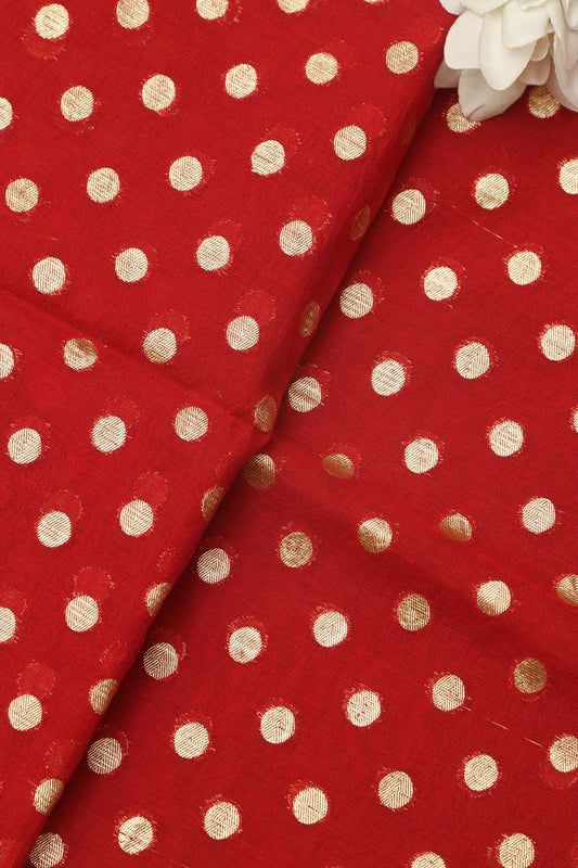 Red Banarasi Chanderi Silk Polka Dots Fabric ( 1 Mtr ) - Luxurion World
