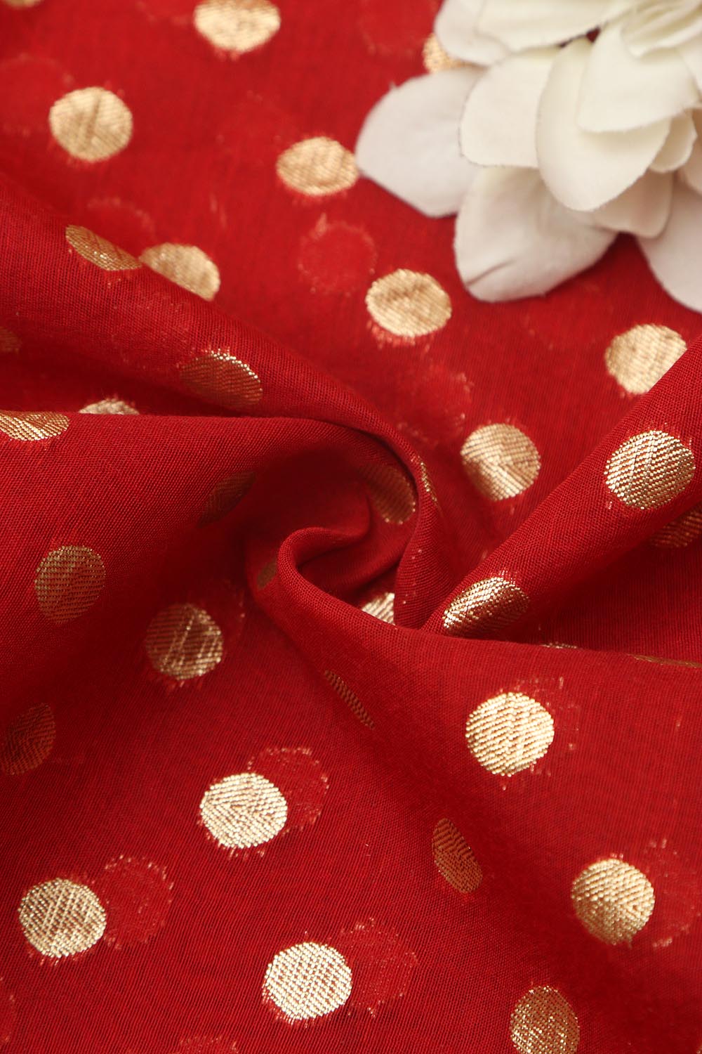 Red Banarasi Chanderi Silk Polka Dots Fabric ( 1 Mtr ) - Luxurion World