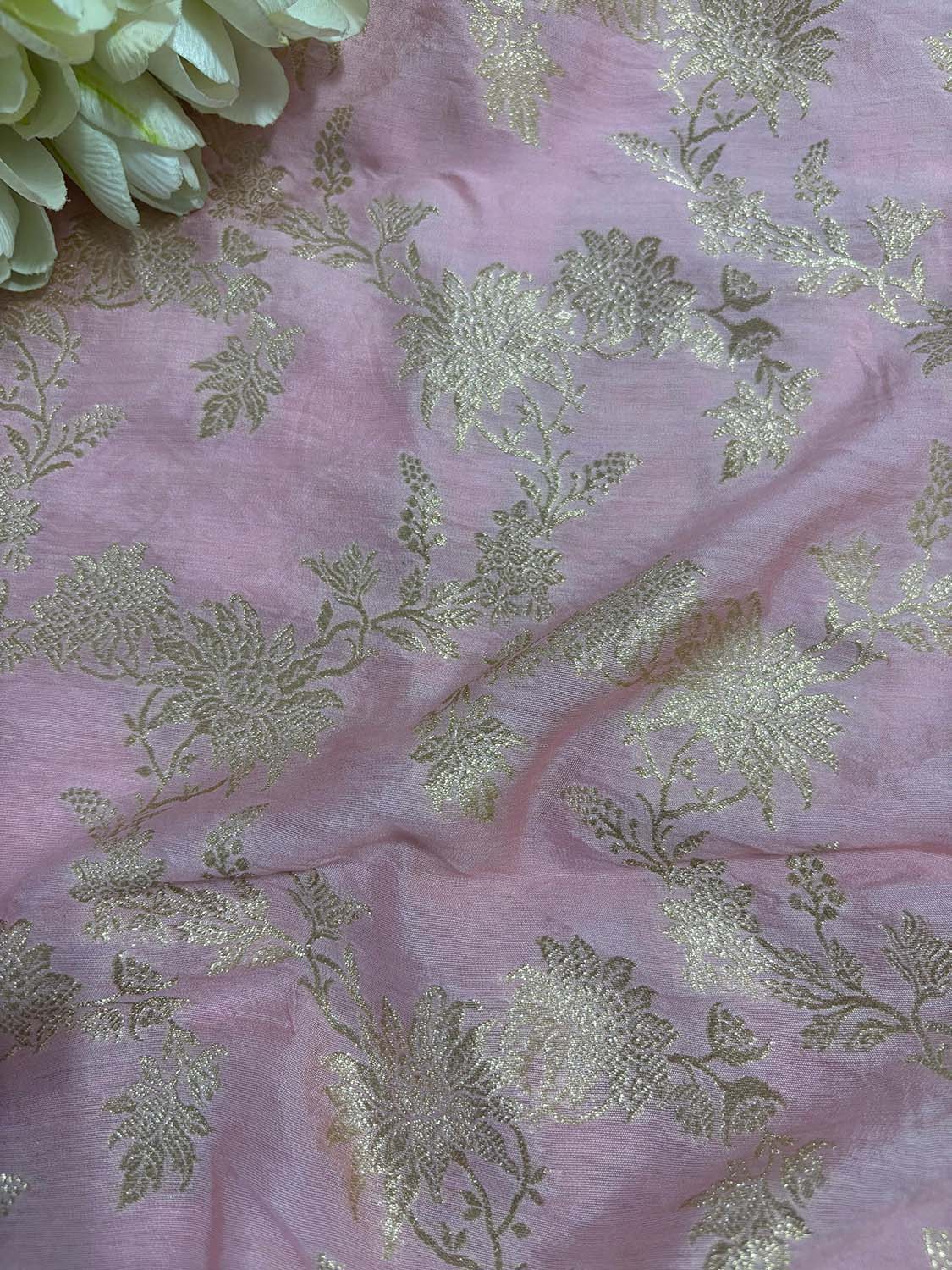 Pink Banarasi Handloom Pure Silk Fabric ( 1 Mtr ) - Luxurion World