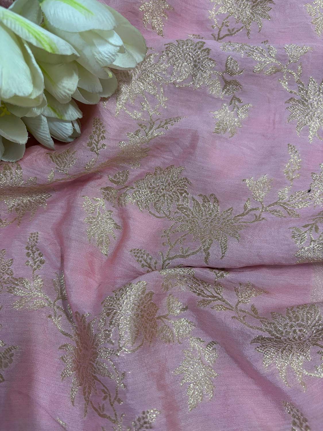 Pink Banarasi Handloom Pure Silk Fabric ( 1 Mtr ) - Luxurion World