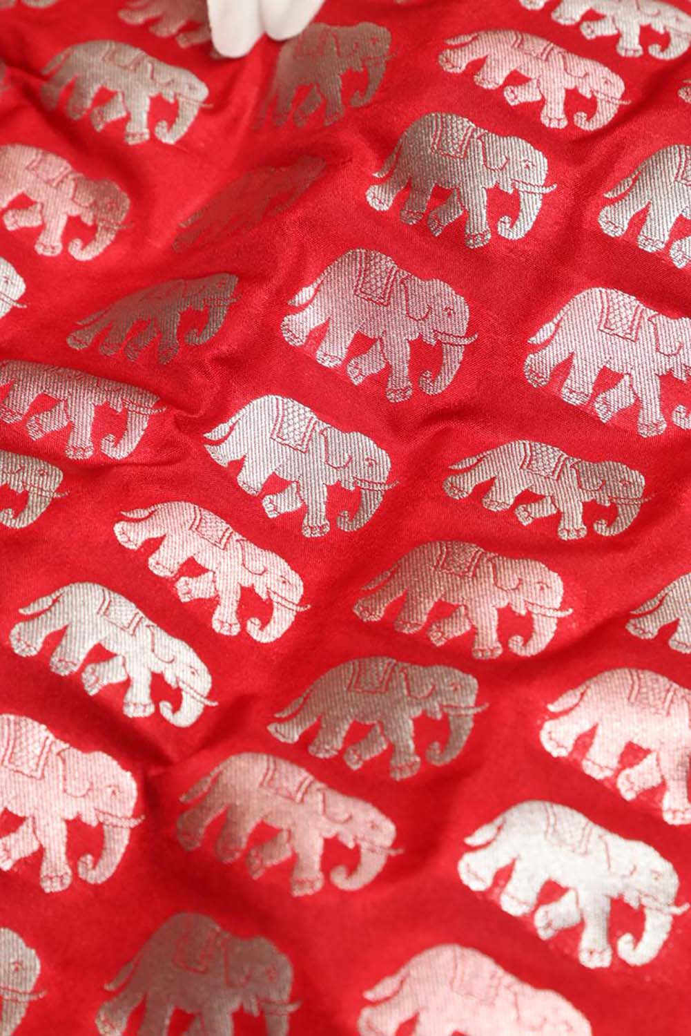 Red Banarasi Silk Elephant Design Fabric (1 Mtr) - Luxurion World