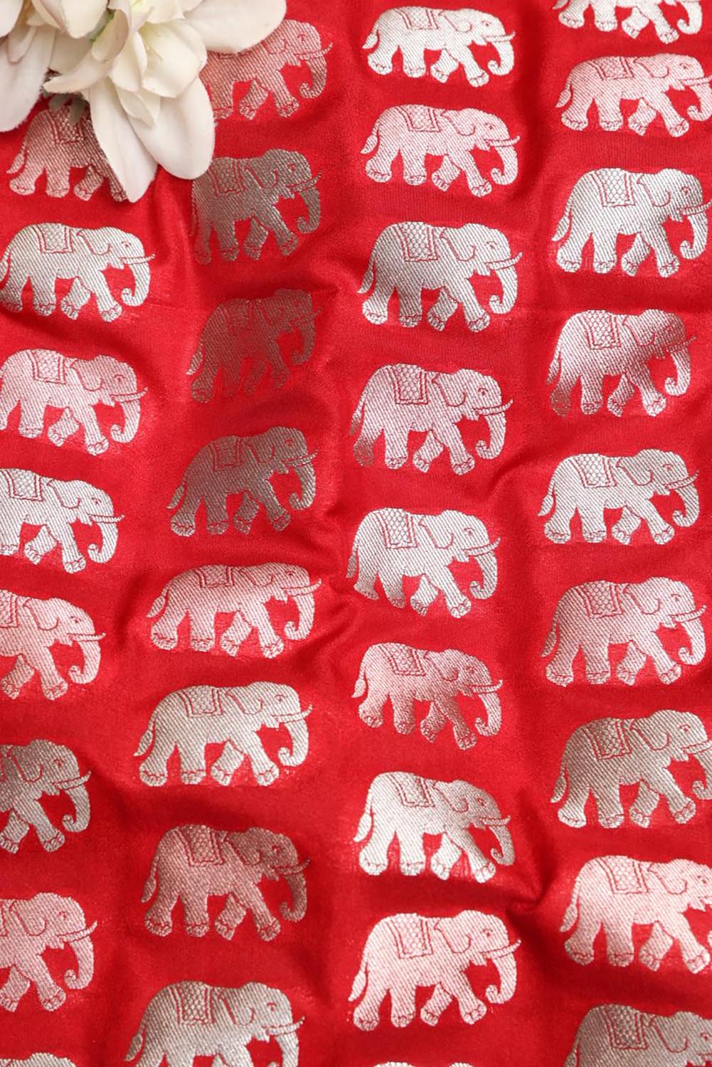 Red Banarasi Silk Elephant Design Fabric (1 Mtr) - Luxurion World