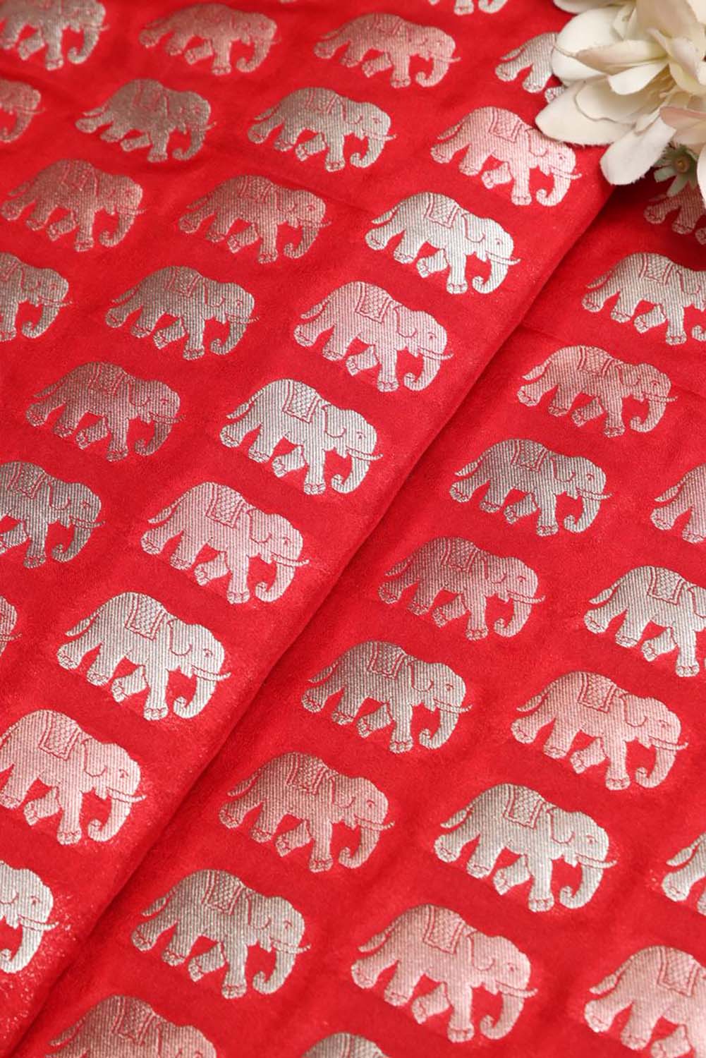 Red Banarasi Silk Elephant Design Fabric (1 Mtr) - Luxurion World