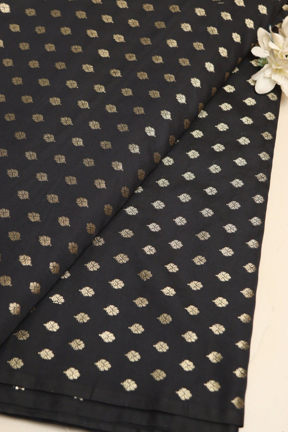 Black Banarasi Silk Small Booti Design Fabric ( 1 Mtr ) - Luxurion World