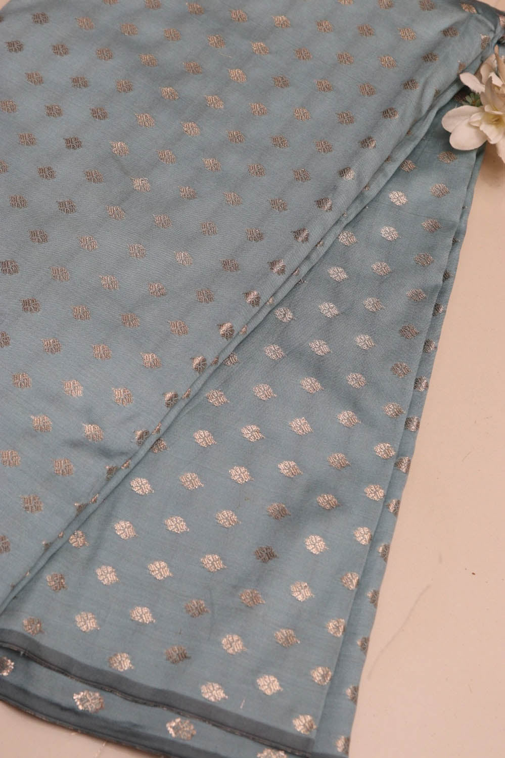 Elegant Grey Banarasi Silk Small Booti Design Fabric ( 1 Mtr ) - Luxurion World