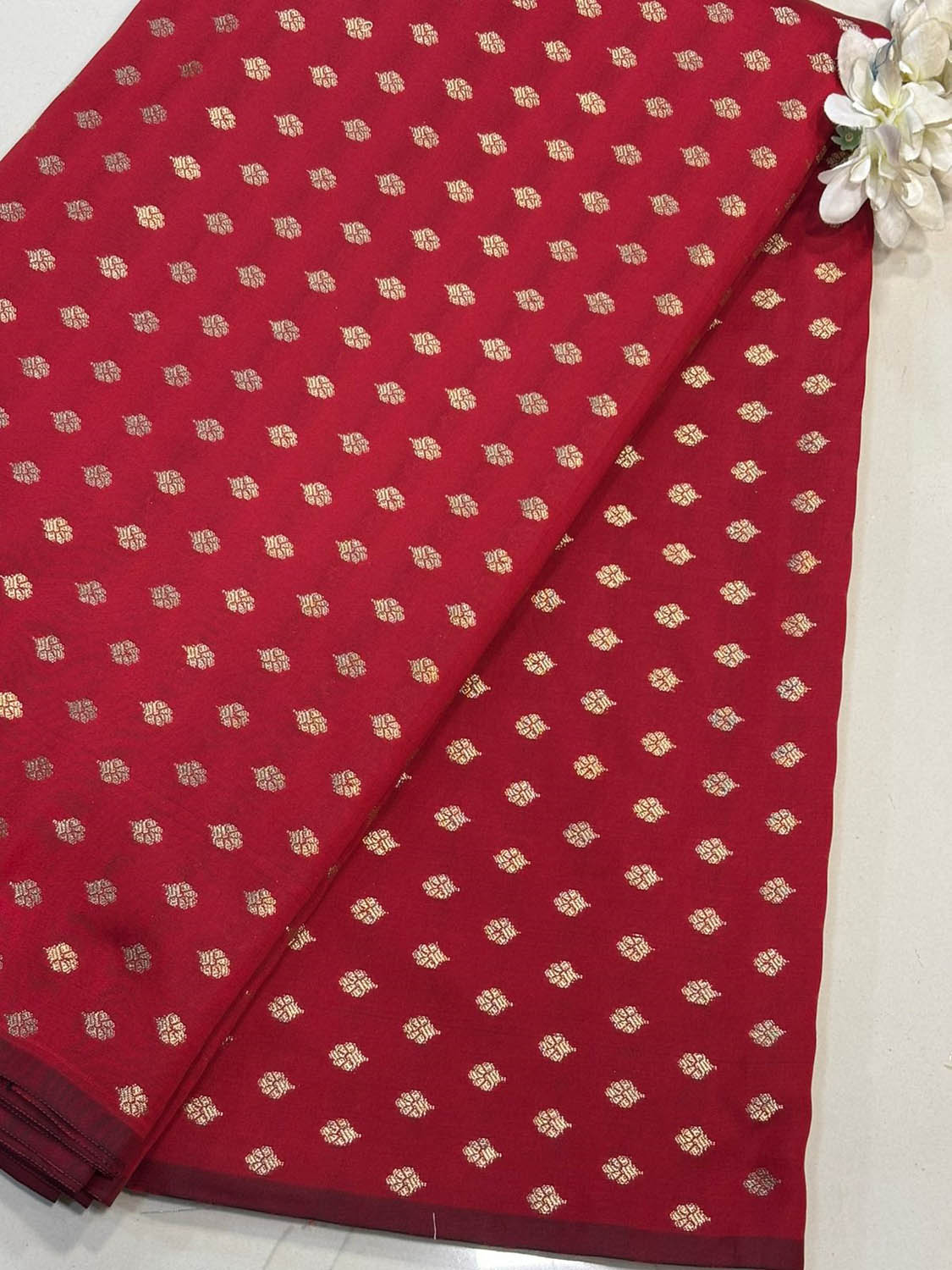 Red Banarasi Silk Small Booti Design Fabric ( 1 Mtr ) - Luxurion World