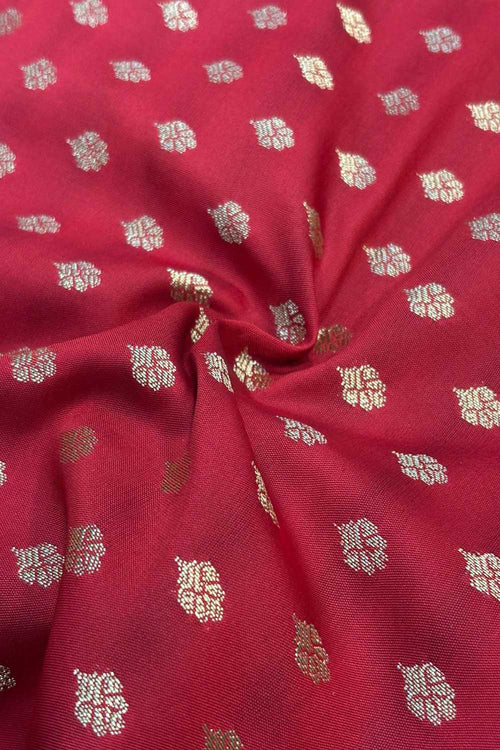 Red Banarasi Silk Small Booti Design Fabric ( 1 Mtr ) - Luxurion World