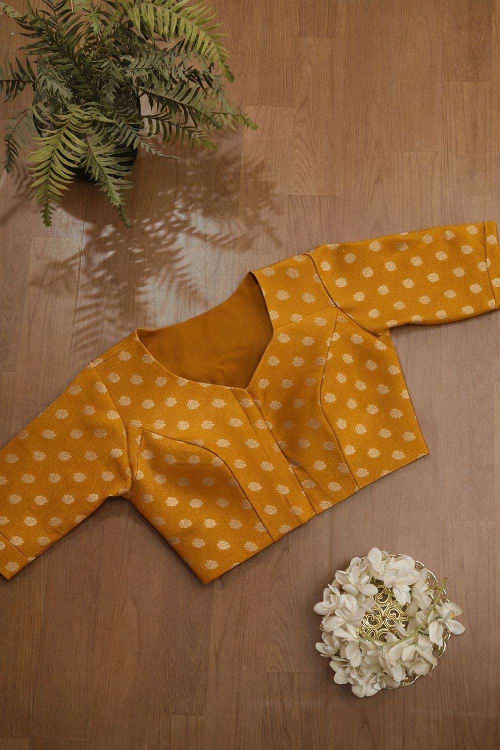 Stylish Mustard Yellow Banarasi Silk Small Booti Design Blouse - Luxurion World