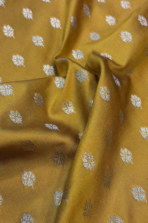 Mustard Yellow Banarasi Silk Small Booti Design Fabric ( 1 Mtr ) - Luxurion World