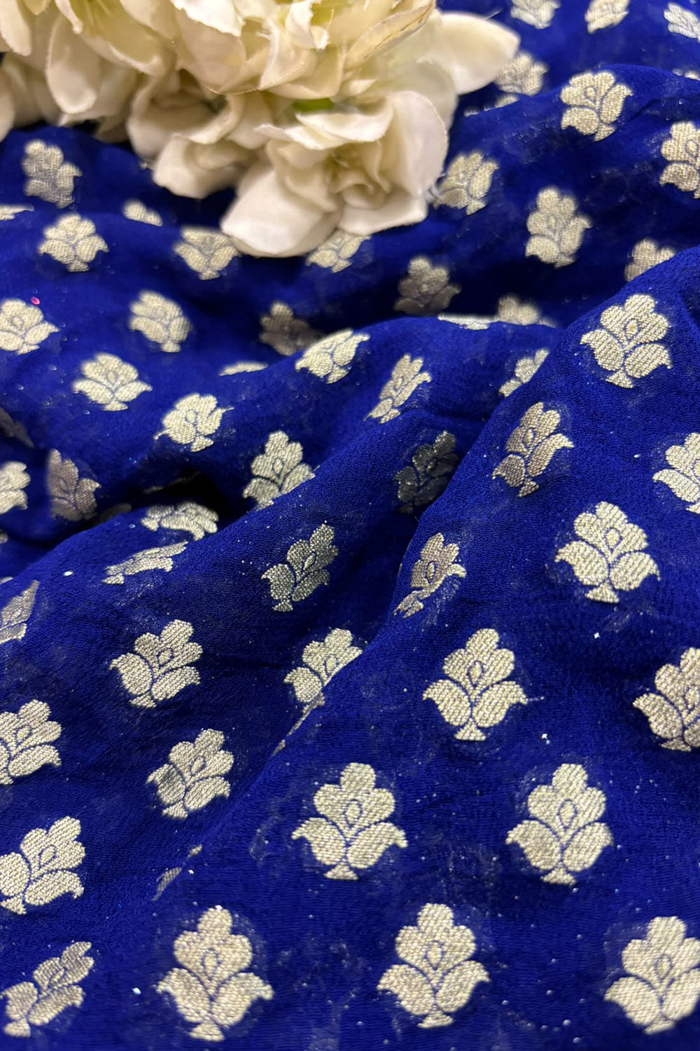 Blue Banarasi Georgette Flower Design Fabric  - Luxurion World