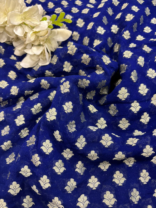 Blue Banarasi Handloom Pure Georgette Fabric ( 2.5 Mtr )