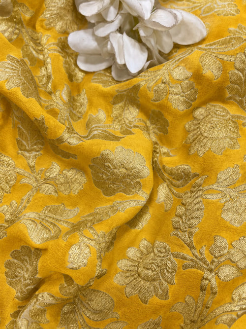 Yellow Banarasi Handloom Pure Georgette Fabric Flower Design ( 1 Mtr )