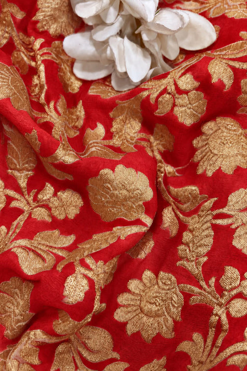 Red Banarasi Georgette Flower Design Fabric  - Luxurion World