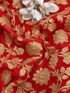 Red Banarasi Handloom Pure Georgette Fabric Flower Design ( 1 Mtr )