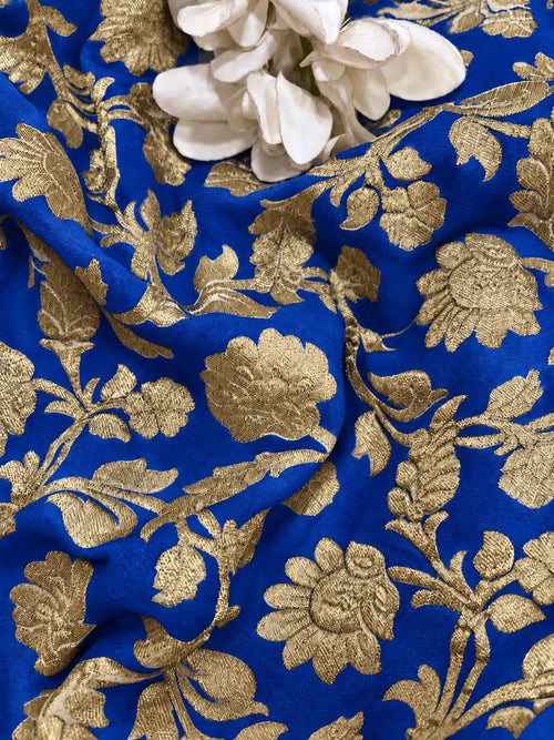 Blue Banarasi Handloom Pure Georgette Fabric Flower Design ( 1 Mtr )