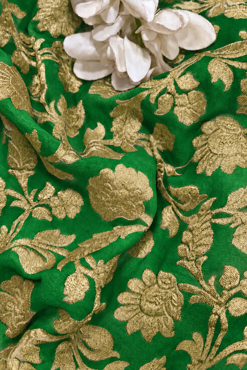 Green Banarasi Georgette Flower Design Fabric  - Luxurion World