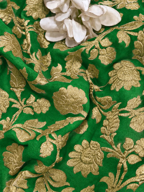 Green Banarasi Handloom Pure Georgette Fabric Flower Design ( 1 Mtr )