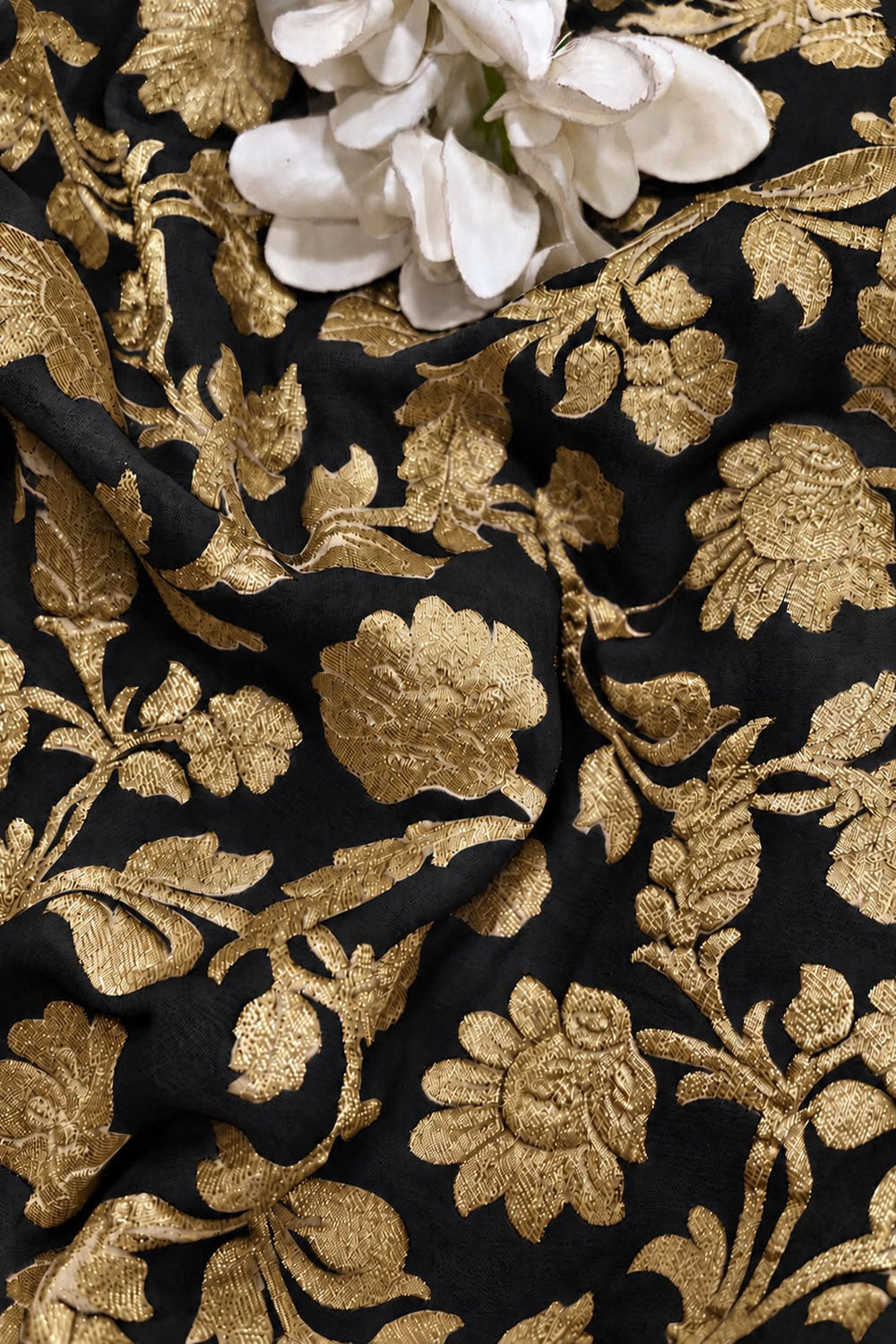 Black Banarasi Georgette Flower Design Fabric  - Luxurion World