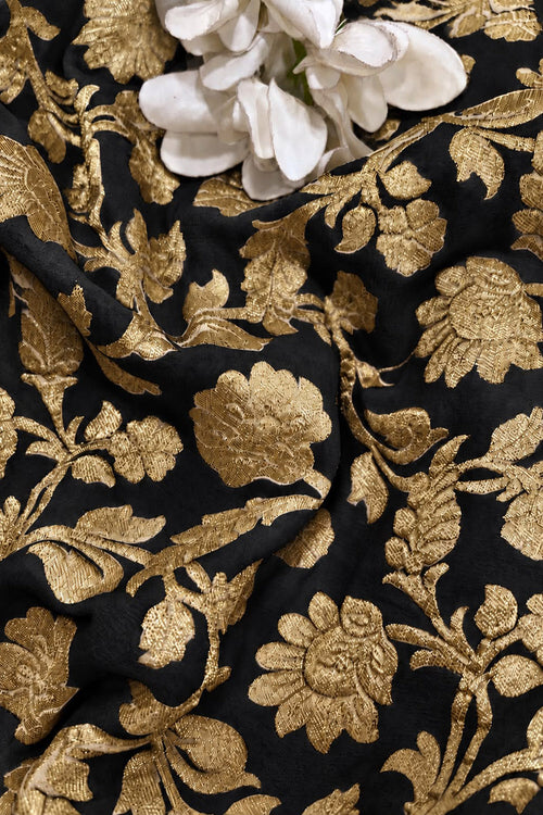 Black Banarasi Georgette Flower Design Fabric  - Luxurion World