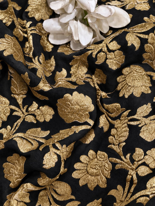 Black Banarasi Handloom Pure Georgette Fabric Flower Design ( 1 Mtr )