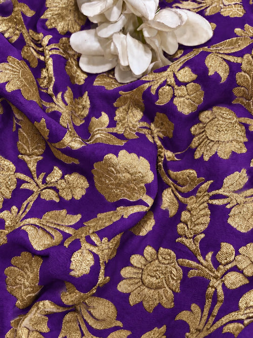 Purple Banarasi Handloom Pure Georgette Fabric Flower Design ( 1 Mtr )