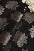 Elegant Black Banarasi Silk Silver Zari Floral Design Fabric ( 1 Mtr ) - Luxurion World