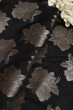 Elegant Black Banarasi Silk Silver Zari Floral Design Fabric ( 1 Mtr ) - Luxurion World