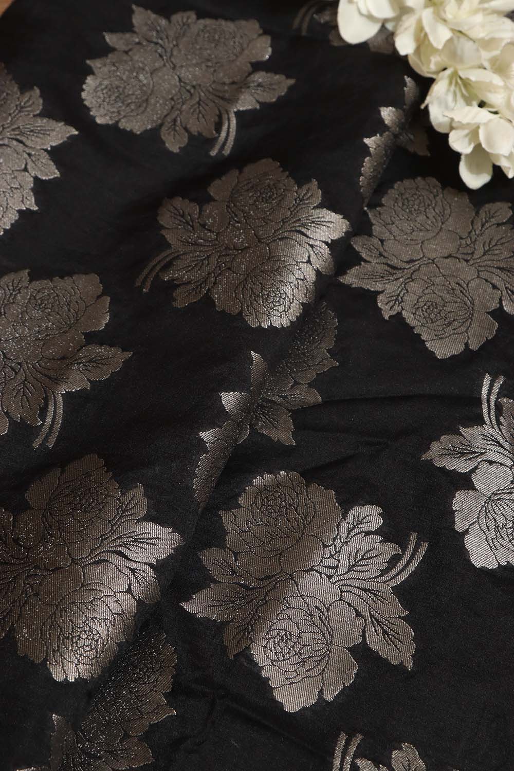 Elegant Black Banarasi Silk Silver Zari Floral Design Fabric ( 1 Mtr ) - Luxurion World