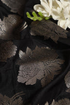 Elegant Black Banarasi Silk Silver Zari Floral Design Fabric ( 1 Mtr ) - Luxurion World