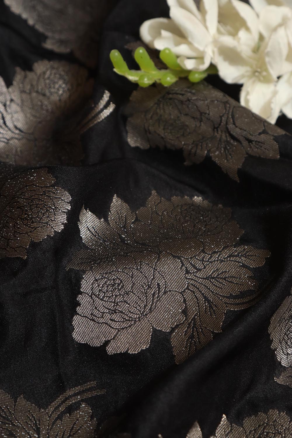 Elegant Black Banarasi Silk Silver Zari Floral Design Fabric ( 1 Mtr ) - Luxurion World