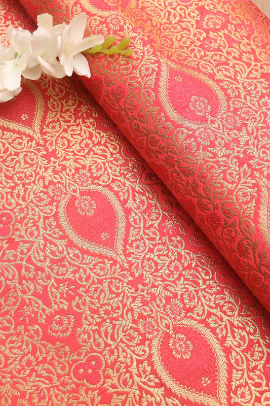 Exquisite Pink Banarasi Kimkhwab Silk Fabric - 1 Mtr Length