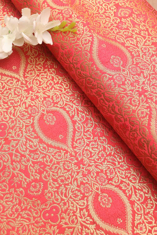 Exquisite Pink Banarasi Kimkhwab Silk Fabric - 1 Mtr Length - Luxurion World