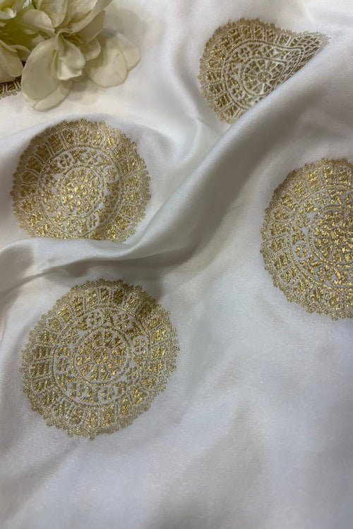 Elegant White Banarasi Brocade Satin Silk Fabric ( 2.5 Mtr ) - Luxurion World