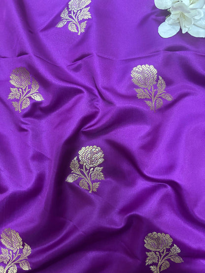 Purple Handloom Banarasi Silk Flower Design Fabric ( 1 Mtr ) - Luxurion World