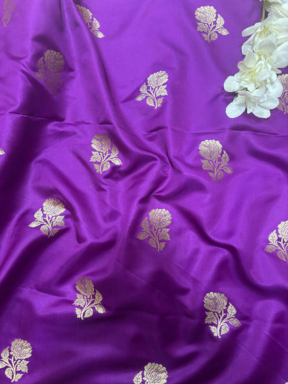 Purple Handloom Banarasi Silk Flower Design Fabric ( 1 Mtr ) - Luxurion World