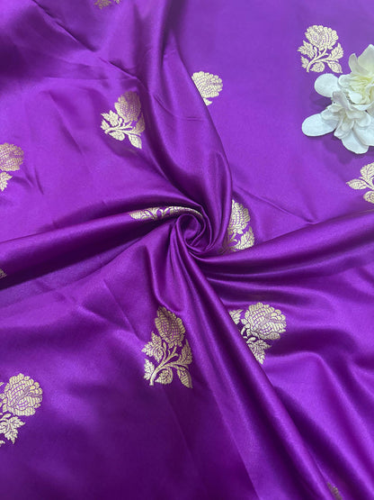 Purple Handloom Banarasi Silk Flower Design Fabric ( 1 Mtr ) - Luxurion World