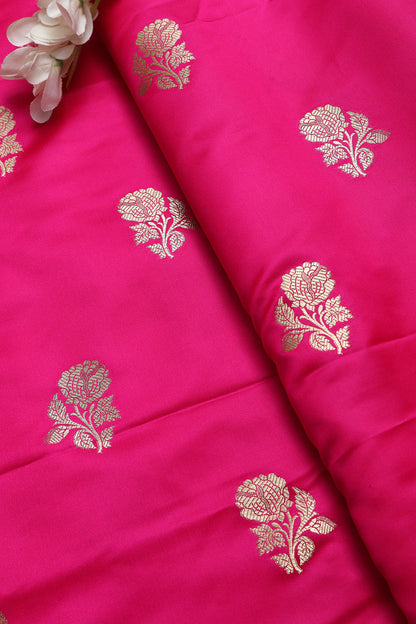 Pink Handloom Banarasi Silk Flower Design Fabric (1 Mtr ) - Luxurion World