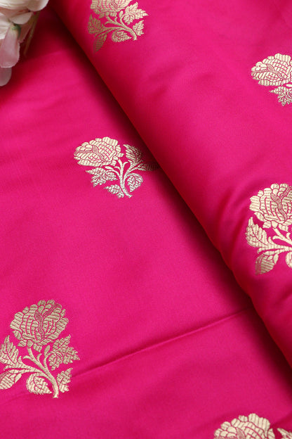 Pink Handloom Banarasi Silk Flower Design Fabric (1 Mtr ) - Luxurion World