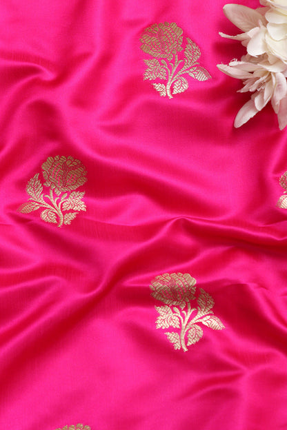 Pink Handloom Banarasi Silk Flower Design Fabric (1 Mtr ) - Luxurion World