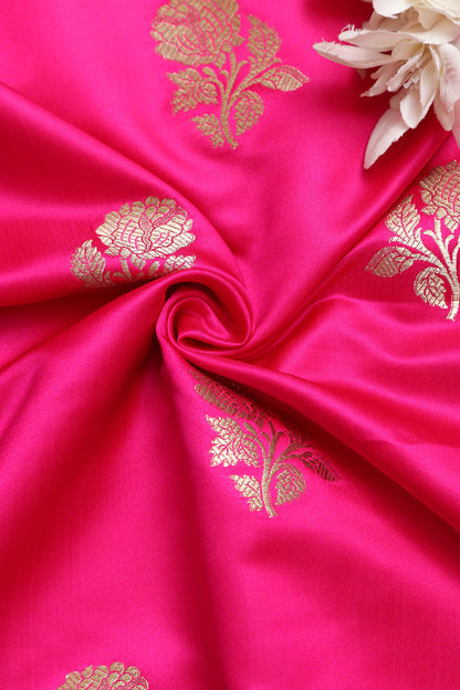 Pink Handloom Banarasi Silk Flower Design Fabric (1 Mtr ) - Luxurion World