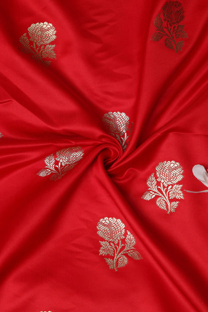 Red Handloom Banarasi Silk Flower Design Fabric ( 1 Mtr ) - Luxurion World