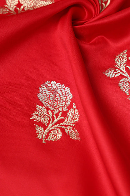 Red Handloom Banarasi Silk Flower Design Fabric ( 1 Mtr ) - Luxurion World