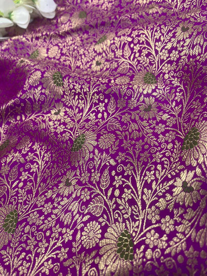 Exquisite Purple Handloom Banarasi Silk Flower Design Meenakari Fabric ( 1 Mtr ) - Luxurion World